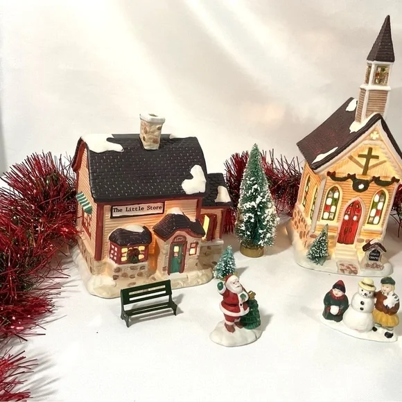 Vintage Christmas Lighted church store and house town set holiday decor - Picture 2 of 11